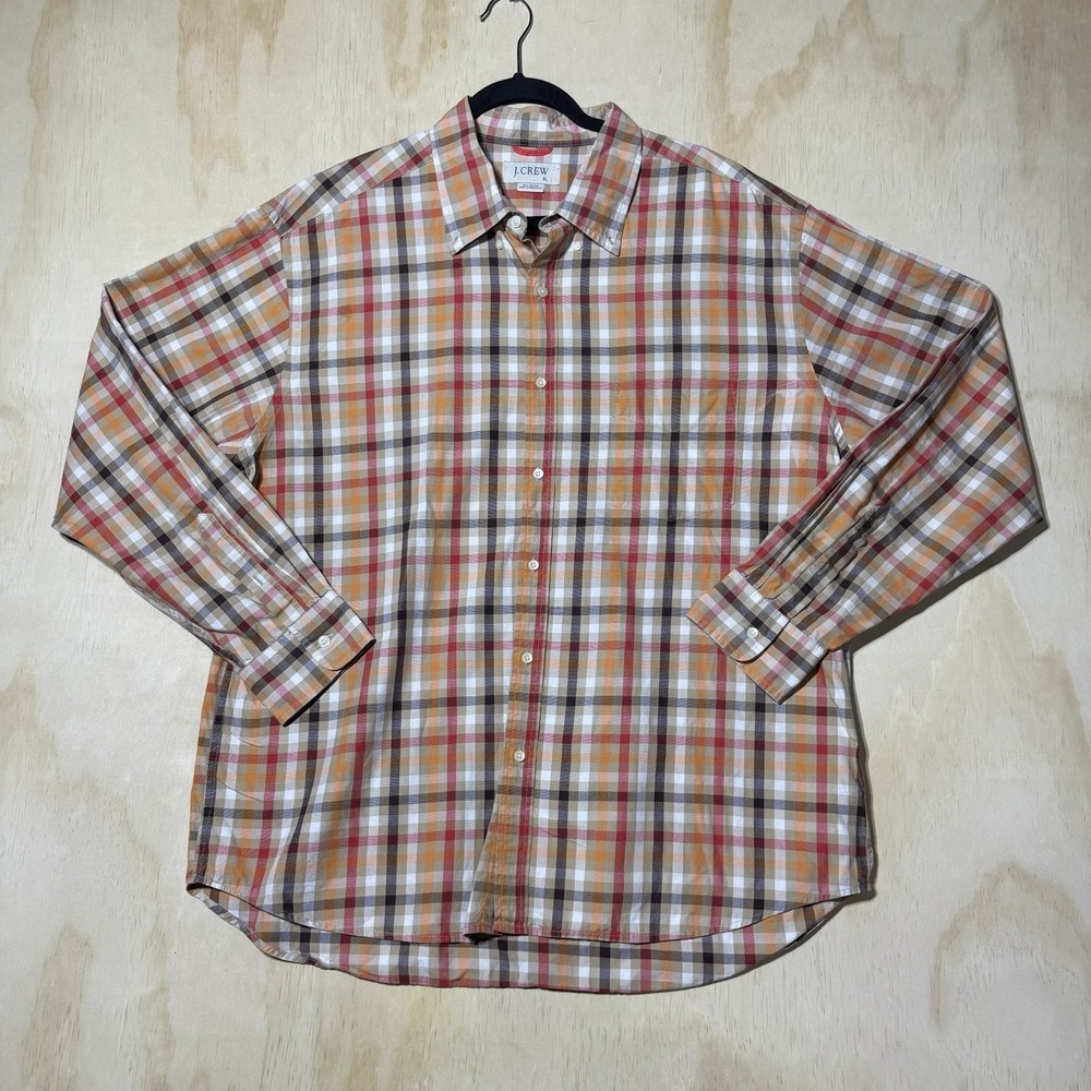 J.Crew Plaid Button Up Shirt Men's XL Orange Brown Cotton Long Sleeve Casual